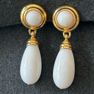 Monet Gold and White Drop Clip on Earrings